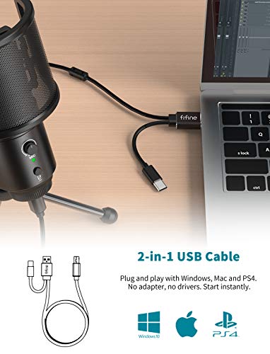 Amazon Fifine USB Condenser Microphone for PC Computer and Mac, Streaming Mic with Pop Filter Gain Control Mute Button Headphone Jack for Gaming YouTube and Recoding, Extra USB-C Plug - 683A