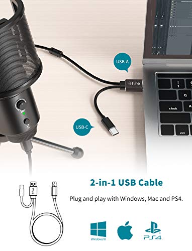 Amazon FIFINE USB Desktop PC Microphone with Pop Filter for Computer and Mac, Studio Condenser Mic with Gain Control Mute Button Headphone Jack for Gaming Streaming Recording YouTube, Extra USB-C Plug -K683A
