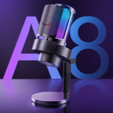 AmpliGame A8 USB Streaming Microphone with RGB, Lighting Control, Mute Button, Gain Dial, Live-time Headphone Jack