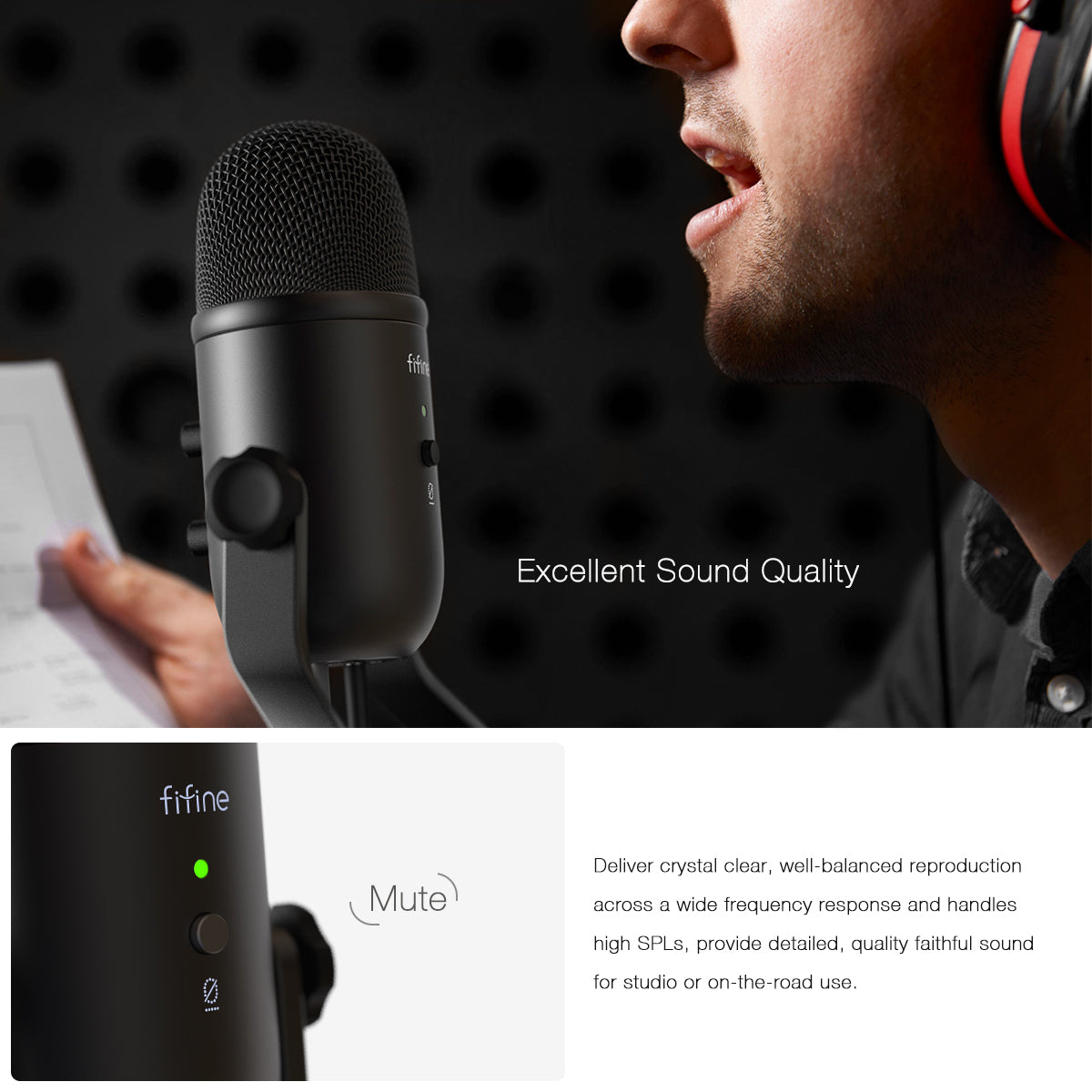 FIFINE K678 Studio USB Mic with A Live Monitoring, Gain Controls, A Mute Button for Podcasting