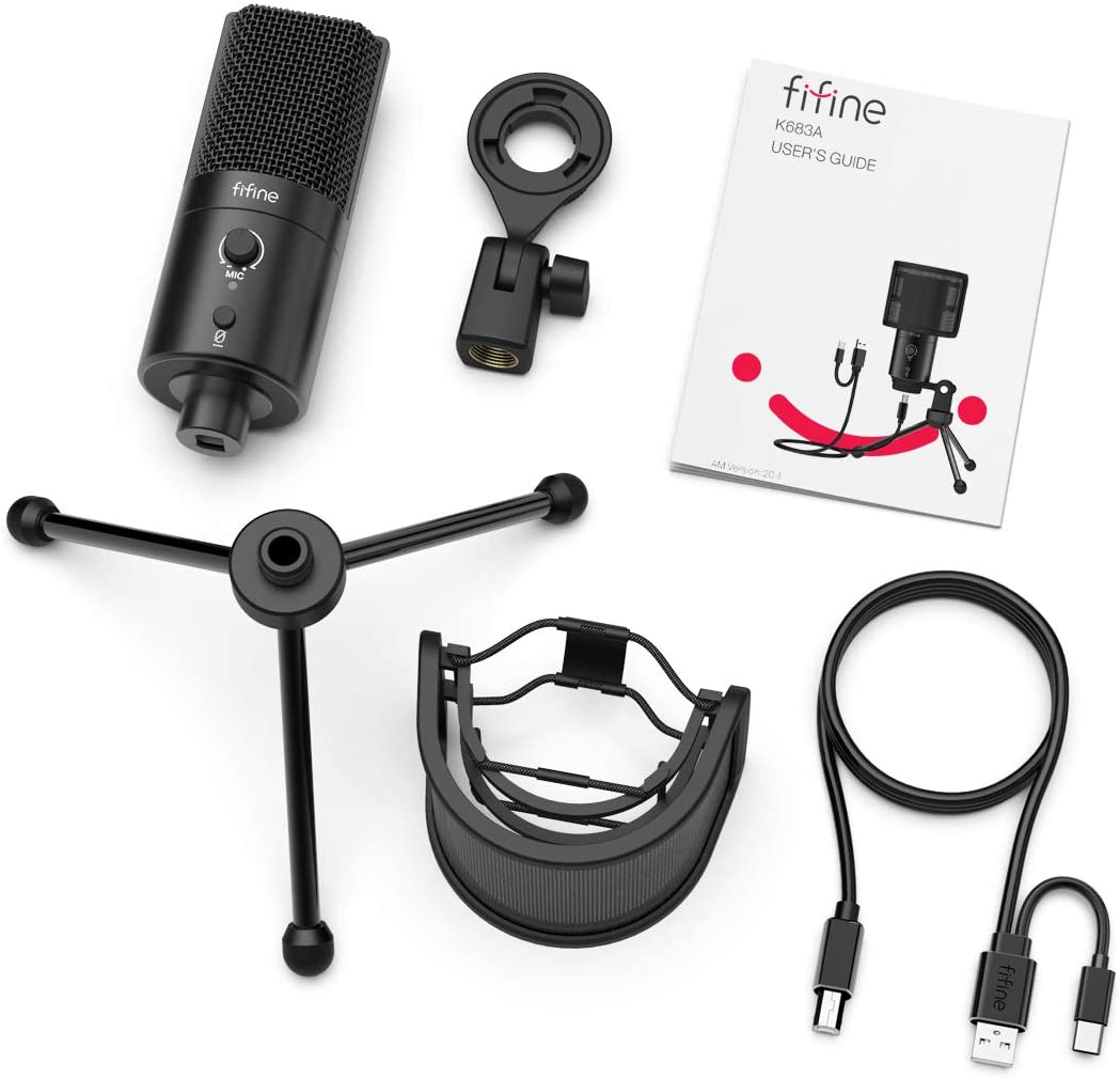 FIFINE K683A Type C USB Mic with A Pop Filter, A Volume Dial, A Mute Button & A Monitoring Jack for Recording